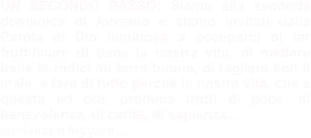 UN SECONDO PASSO: Siamo alla seconda domenica di Avvento e siamo invitati dalla Parola di Dio luminosa a occuparci di far fruttificare di bene la nostra vita, di mettere bene le radici su terra buona, di tagliare con il male, e fare di tutto perché la nostra vita, che è questa ed ora, produca frutti di pace, di benevolenza, di carità, di sapienza... continua a leggere…